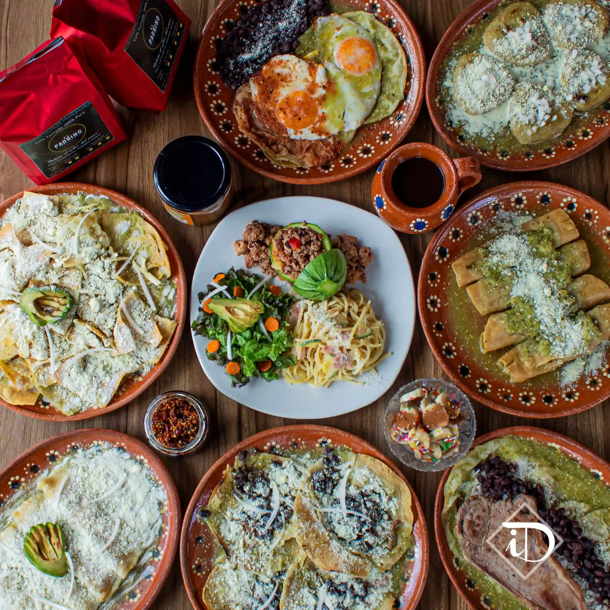 A table with many different dishes of food